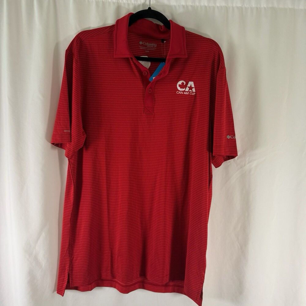 New Can Am Cup Columbia Golf Polo Men's Large Red Striped Short Sleeve OMNI-Wick